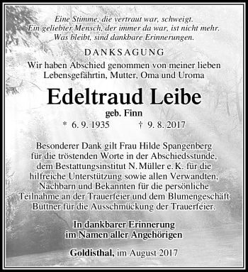 Traueranzeige von Edeltraud Leibe von Südthüringer Presse