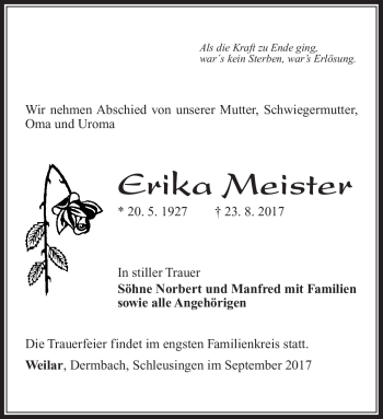 Traueranzeige von Erika Meister von Südthüringer Presse
