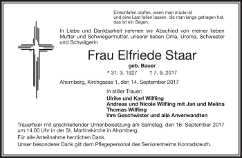 Traueranzeige von Elfriede Staar von Frankenpost