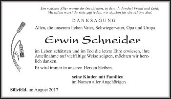Traueranzeige von Erwin Schneider von Südthüringer Presse