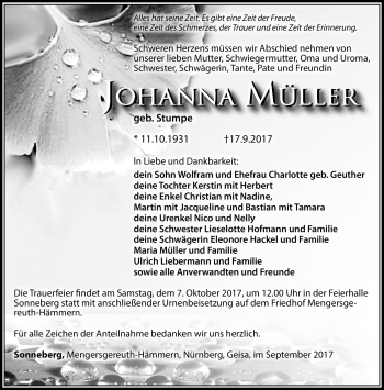 Traueranzeige von Johanna Müller von Südthüringer Presse