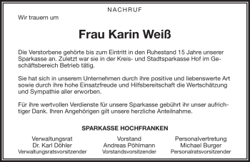 Traueranzeige von karin Weiß von Frankenpost