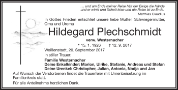 Traueranzeige von Hildegard Plechschmidt von Frankenpost