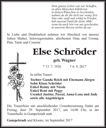 Traueranzeige von Else Schröder von Südthüringer Presse