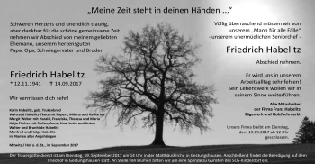 Traueranzeige von Friedrich Habelitz von Neue Presse Coburg