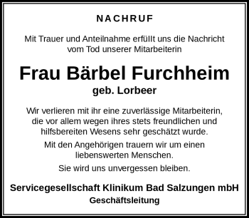 Traueranzeige von Bärbel Furchheim von Südthüringer Presse
