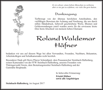 Traueranzeige von Roland Waldemar Häfner von Südthüringer Presse