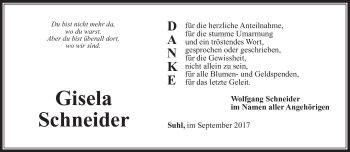 Traueranzeige von Gisela Schneider von Südthüringer Presse