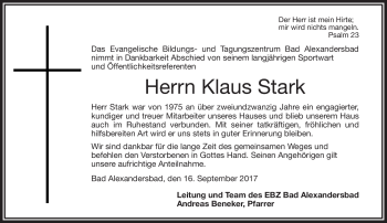 Traueranzeige von Klaus Stark von Frankenpost