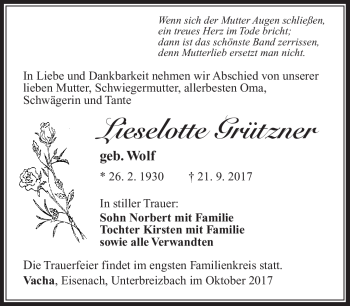 Traueranzeige von Lieselotte Grützner von Südthüringer Presse
