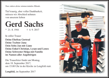 Traueranzeige von Gerd Sachs von Südthüringer Presse