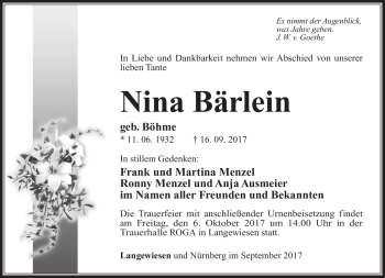 Traueranzeige von Nina Bärlein von Südthüringer Presse