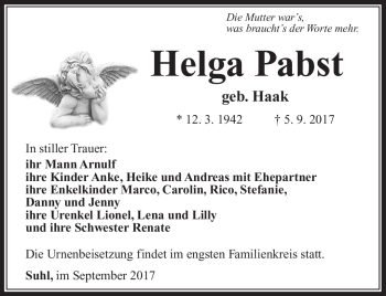Traueranzeige von Helga Pabst von Südthüringer Presse