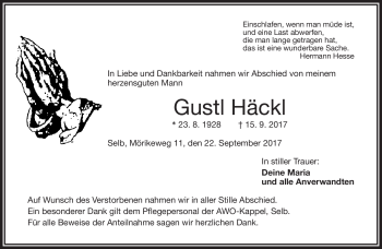 Traueranzeige von Gustl Häckl von Frankenpost