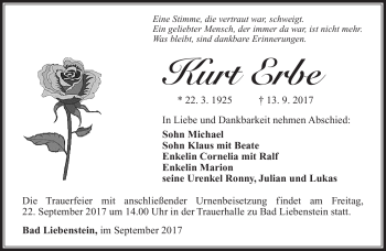 Traueranzeige von Kurt Erbe von Südthüringer Presse