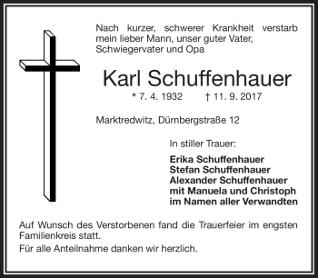 Traueranzeige von Karl Schuffenhauer von Frankenpost