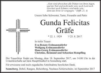 Traueranzeige von Gunda Felicitas Gräfe von Südthüringer Presse