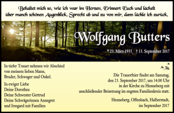Traueranzeige von Wolfgang Butters von Südthüringer Presse