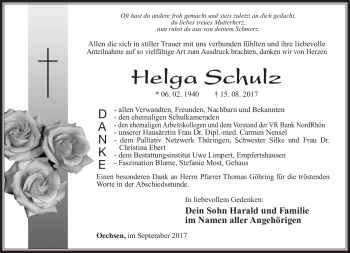 Traueranzeige von Helga Schulz von Südthüringer Presse
