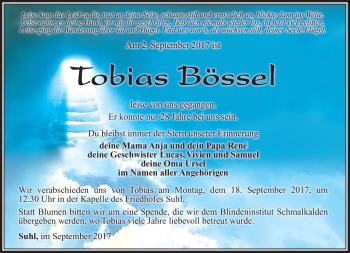 Traueranzeige von Tobias Bössel von Südthüringer Presse