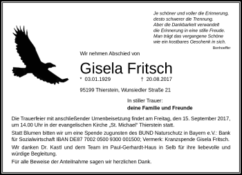 Traueranzeige von Gisela Fritsch von Frankenpost