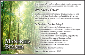 Traueranzeige von Manfred Besser von Südthüringer Presse