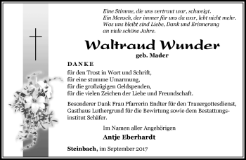 Traueranzeige von Waltraud Wunder von Südthüringer Presse