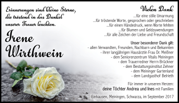 Traueranzeige von Irene Wirthwein von Südthüringer Presse