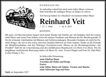 Traueranzeige von Reinhard Veit von Südthüringer Presse