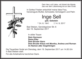 Traueranzeige von Inge Sell von Frankenpost