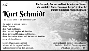 Traueranzeige von Kurt Schmidt von Südthüringer Presse