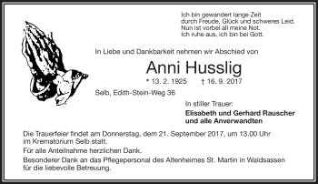 Traueranzeige von Anni Husslig von Frankenpost