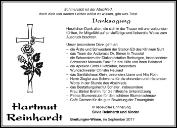 Traueranzeige von Hartmut Reinhardt von Südthüringer Presse