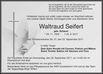 Traueranzeige von Waltraud Seifert von Frankenpost