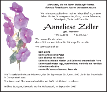 Traueranzeige von Anneliese Zeller von Südthüringer Presse