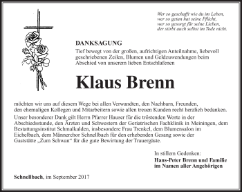 Traueranzeige von Klaus Brenn von Südthüringer Presse