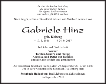 Traueranzeige von Gabriele Hinz von Südthüringer Presse