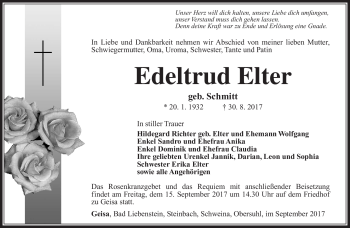 Traueranzeige von Edeltrud Elter von Südthüringer Presse