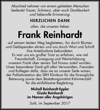 Traueranzeige von Frank Reinhardt von Südthüringer Presse