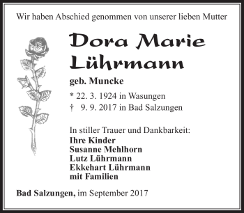 Traueranzeige von Dora Marie Lührmann von Südthüringer Presse