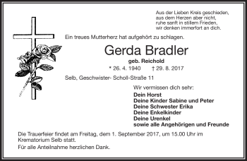 Traueranzeige von Gerda Bradler von Frankenpost