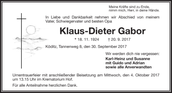 Traueranzeige von Klaus-Dieter Gabor von Frankenpost