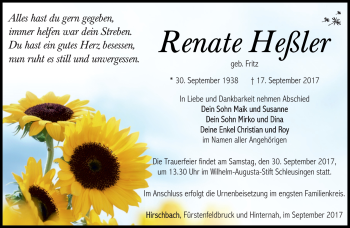 Traueranzeige von Renate Heßler von Südthüringer Presse
