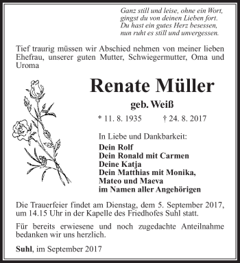 Traueranzeige von Renate Müller von Südthüringer Presse