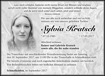 Traueranzeige von Sylvia Kratsch von Südthüringer Presse