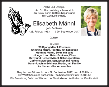 Traueranzeige von Elisabeth Männl von Frankenpost