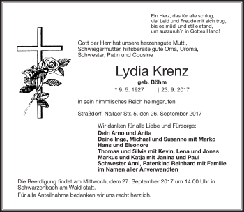 Traueranzeige von Lydia Krenz von Frankenpost