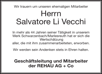 Traueranzeige von Salvatore Li Vecchi von Frankenpost