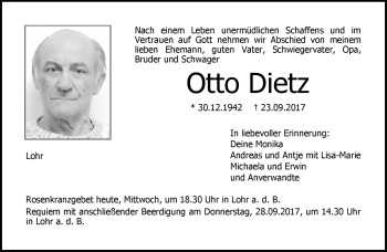 Traueranzeige von Otto Dietz von Neue Presse Coburg