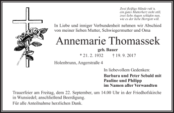Traueranzeige von Annemarie Thomassek von Frankenpost
